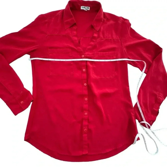 Express Women's Shirt Portofino Button Up Red V-Neck Long Sleeve Blouse Small - Picture 9 of 9